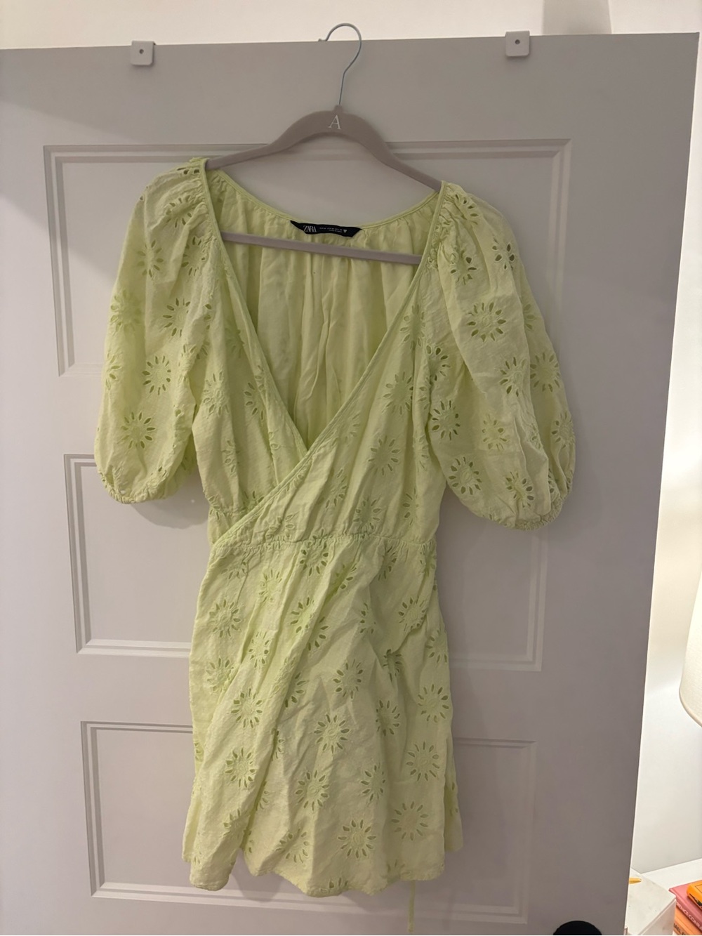 Zara Pale Lime Eyelet Wrap Mini Dress